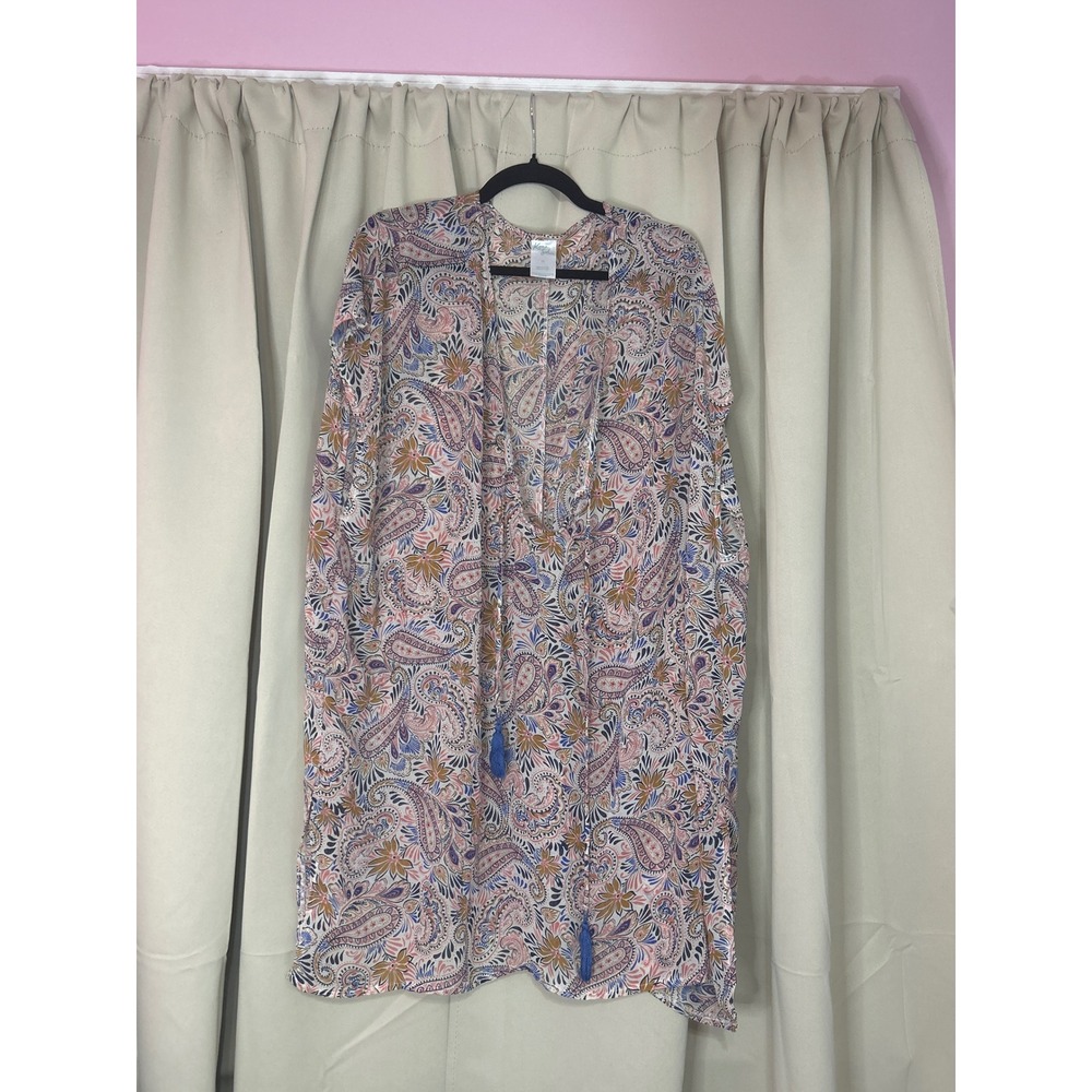 Kona Sol Paisley Print Swim‎ Cover Up 1X Tassel Tie Kimono Wrap Pink Blue